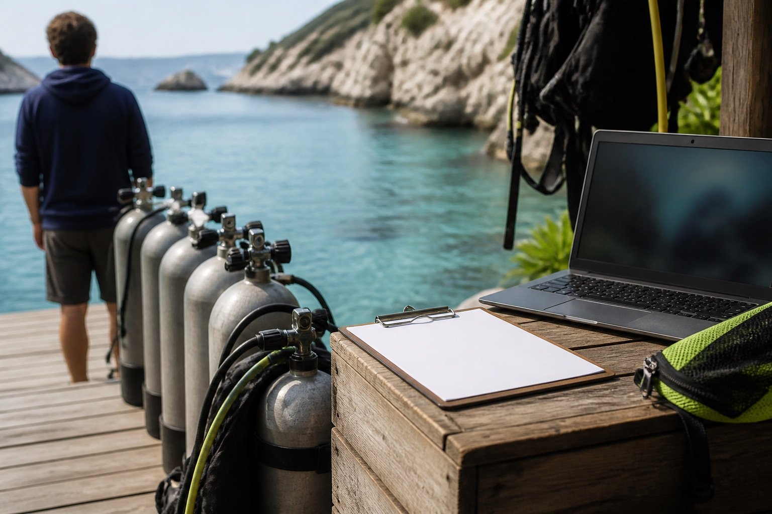 Kaş'ta iskelede sıralanmış dalış tüpleri, kontrol listesi panosu ve dizüstü bilgisayar
