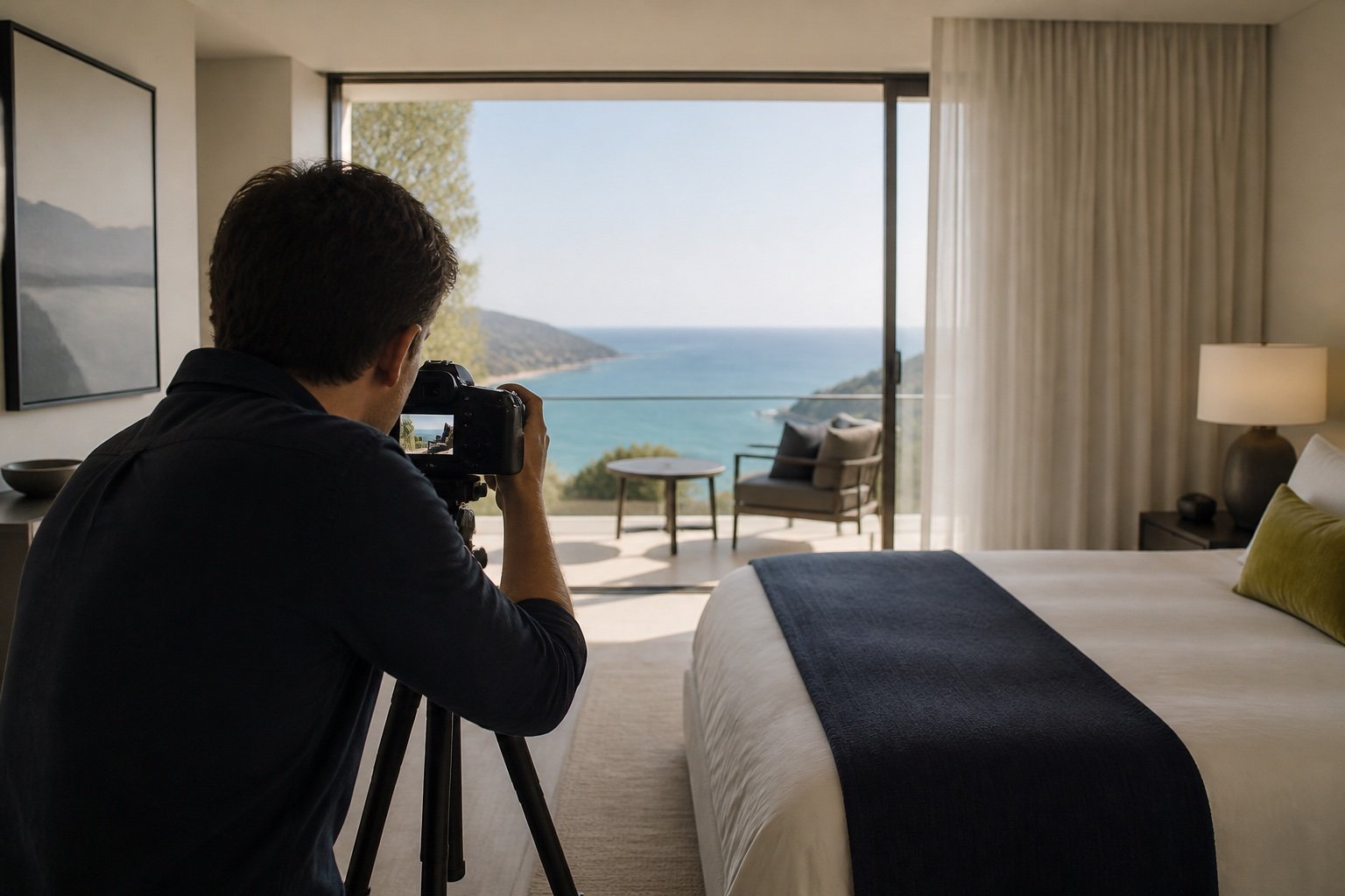 Deniz manzaralı otel odasını çeken fotoğrafçının arkadan görünümü