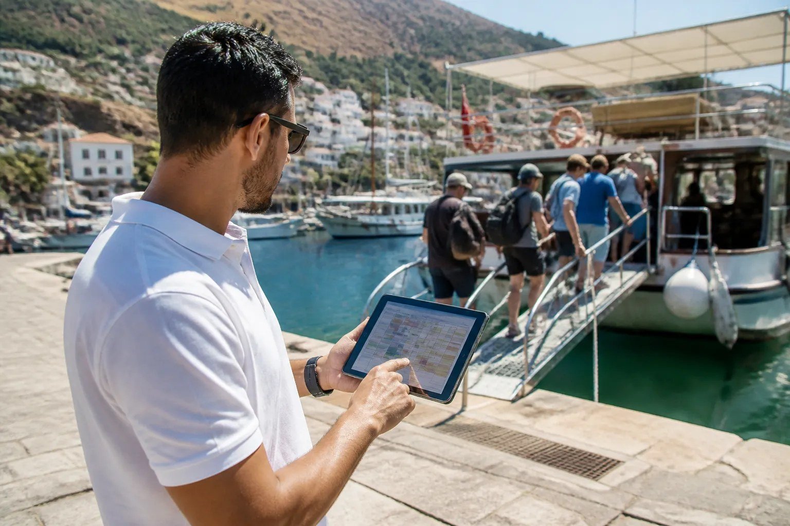 Kaş limanında tablette rezervasyonları kontrol eden tur görevlisi, arkada tur teknesi