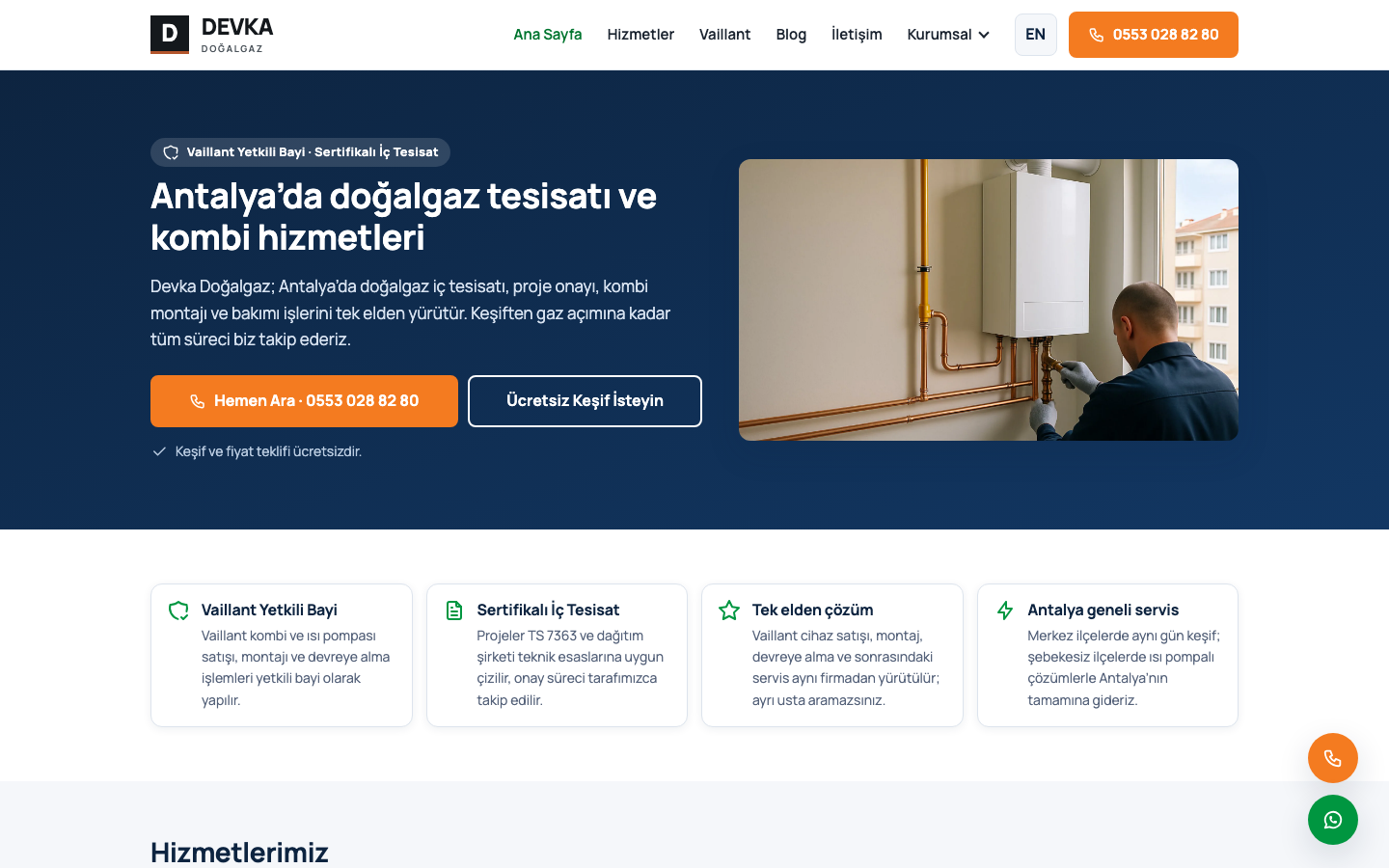 Devka Doğalgaz web sitesi ana sayfası